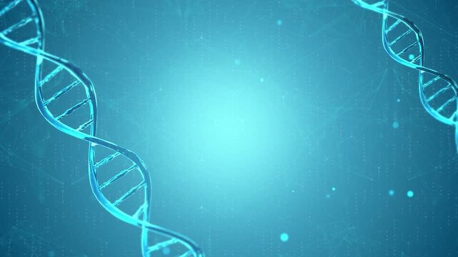 Abstract medical background with glowing blue dna double helix strands, scientific research and biotechnology concept, digital genetic code visualization