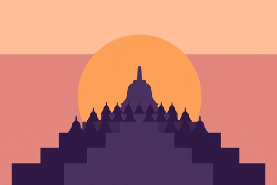Flat geometric Borobudur temple stupas silhouette at sunset vector