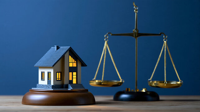Elegant photo of Model house and brass scales of justice on a wooden table with blue background. Ideal for real estate law and property division concepts.
