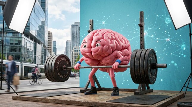 Human brain character lifting heavy barbell for fitness journey gains
