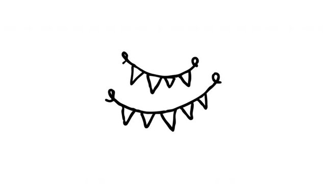 Bunting For Party Decoration And Festive Events Hand Drawn Doodle Animation. Pennant Garland And Celebration Banner. Holiday Decor Element For Invitations And Social Posts. 4K Loop With Alpha Channel.