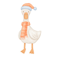 Cute Christmas goose in Santa hat and red scarf, hand painted isolated illustration. Farm bird watercolour drawing © Elena
