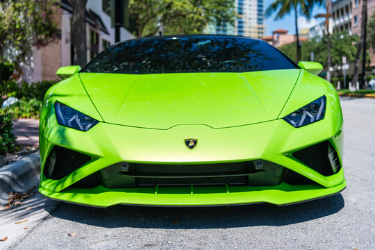 Miami, Florida, USA - May 18, 2025: Green car, corner view. 2020 Lamborghini Huracan EVO supercar. Luxury sportscar Lamborghini Huracan. Car Lamborghini Huracan EVO parked outdoor