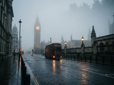 Red Double Decker Bus in Fog by Big