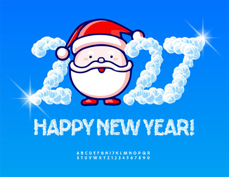 Vector Kids Wish Card Happy New Year 2027 with Funny Santa Claus. White Cloud style Font. Snow Uppercase set of Cool Alphabet Letters and Numbers. 