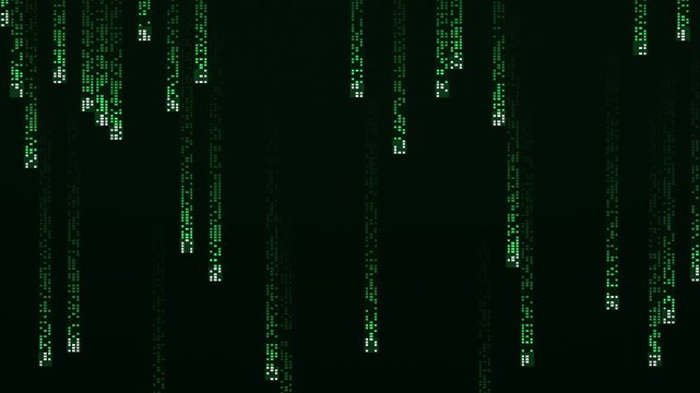 Green digital code rain falling down screen, hacker matrix style binary data stream, technology background, seamless loop