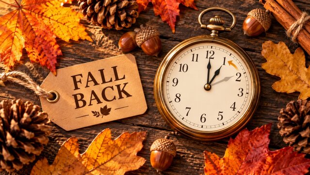 Fall back concept with watch, clock, colorful autumn leaves, acorns, and pinecones on a rustic wooden background representing daylight saving time and season change.