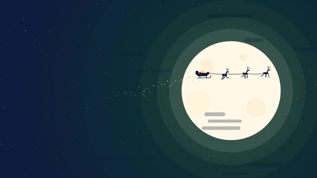 Flat 2D vector animation of a geometric navy silhouette sleigh pulled by three reindeer. The sleigh arcs across a massive glowing cream moon, leaving a trailing path of gold dust and sparkling stars