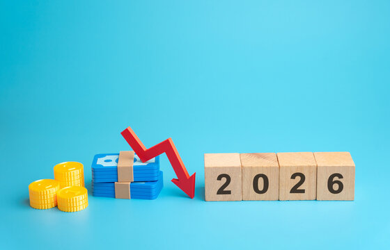 2026 year and down arrow. Declining business performance, falling profits, reduced demand, unfavorable investment conditions, economic slowdown, market uncertainty and recession risks
