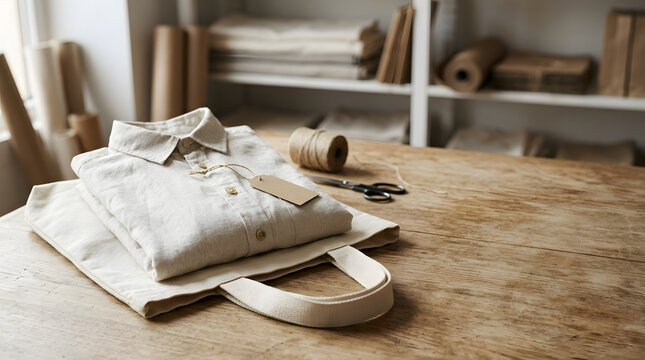 Folded pale shirt resting on a tote beside wrapping supplies