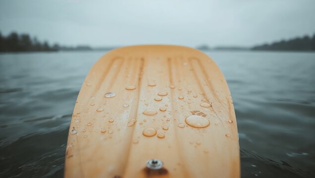 A close-up of a surfboard floating on the surface of the water