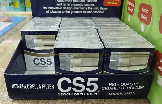 Penang, Malaysia-28th September 2026. A box of CS5 Newchlorella Pipe Cigarette Filters, which are disposable, multi-layer cigarette holders designed to reduce tar and nicotine.