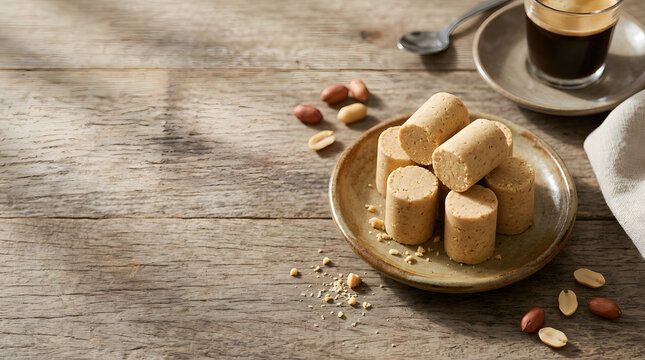 Crumbly peanut candy rolls with loose peanuts and a coffee cup