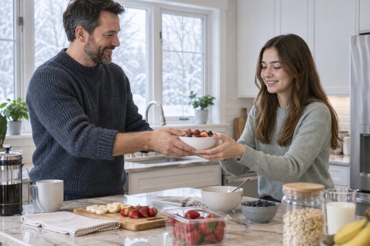 Father and Teen Daughter Sharing a Healthy Winter Breakfast