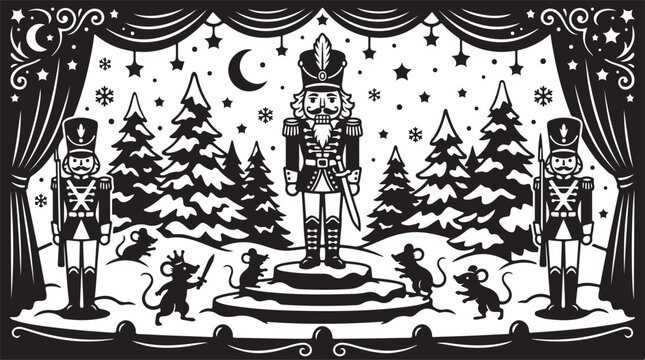 Black and white silhouette of a nutcracker soldier standing on a stage with toy soldiers and mice in a snowy forest background