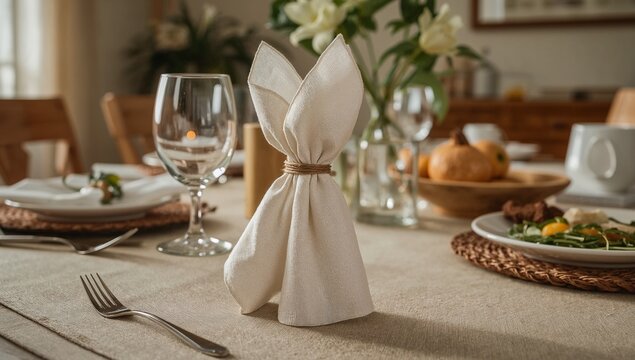 A simple table setting with a glass of wine and a napkin, suitable for a romantic dinner or a special occasion