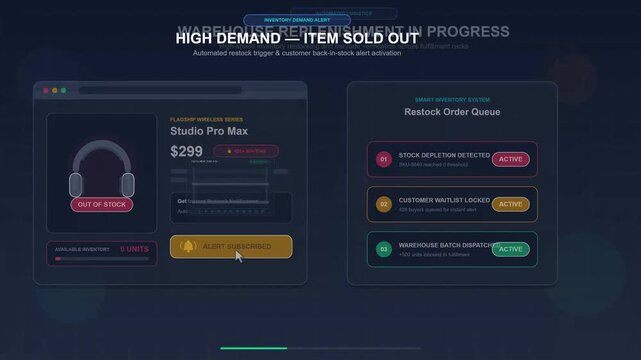 E Commerce interface showing inventory management system with automated restock alerts and customer order queue for high demand electronics showing sold out status with digital supply chain