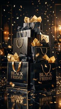 Stacks of black shopping bags adorned with gold lettering proclaim 'Black Friday' amidst falling gold confetti.