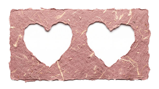 A handmade paper frame with a rough, fibrous texture features two adjacent heart-shaped cutouts, symbolizing love and connection.