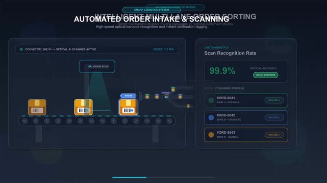 Digital interface demonstrating automated warehouse conveyor belt technology with optical character recognition for rapid package sorting and inventory management systems in industrial logistics