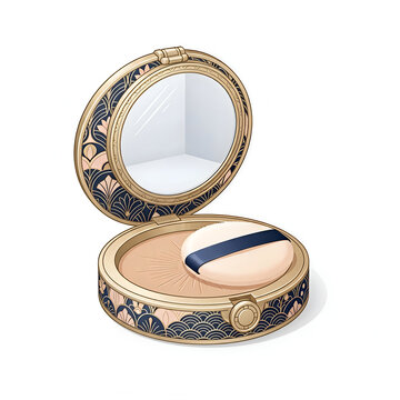 luxury face powder compact case with powder puff and mirror, isolated vector illustration
