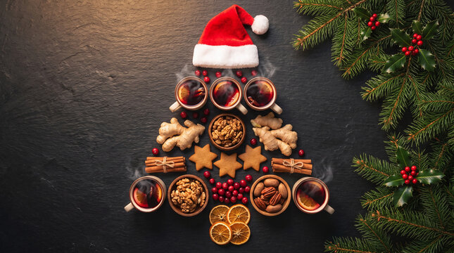 A festive flat lay arrangement of mulled wine mugs, ginger, walnuts, star cookies, cinnamon sticks, cranberries, and orange slices forming a christmas tree shape topped with a santa hat