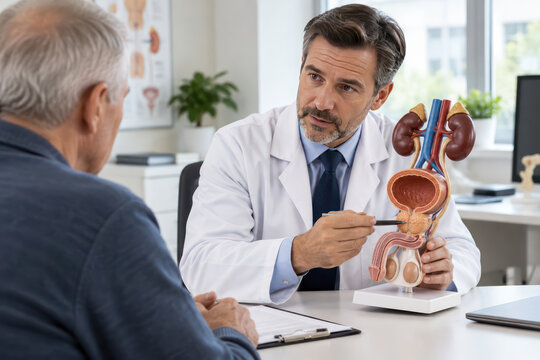 Urologist Explaining Enlarged Prostate and Male Urinary System to Senior Patient