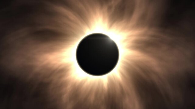 Total solar eclipse with glowing corona streamers and diamond ring flare around black moon, astronomy, seamless loop