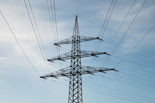 High voltage power lines, electricity pylon tower, energy transmission, wire cable line, urban infrastructure, electrical technology, supply chain