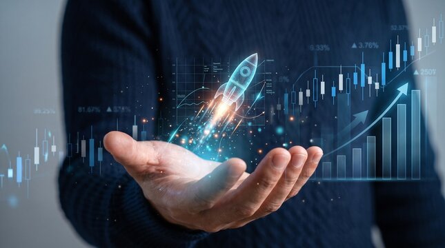 A businessman holding an open palm displaying a glowing digital rocket launching upward alongside rising financial charts, stock market graphs, and growth metrics.