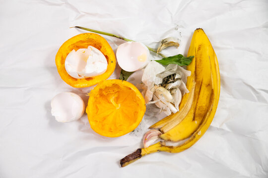 Organic food waste, compost of scraps and peelings of fruits, eggshells and vegetables, zero garbage, garlic, banana, orange fruit leftovers, recycling and envirionment concept