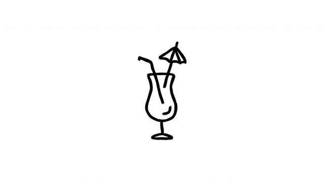 Tropical Cocktail With Straw And Umbrella For Refreshment And Vacation Drinks Doodle Animation With Alpha Channel. Summer Beverage And Beach Party Symbol.