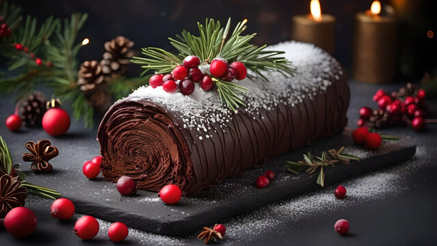 Classic Christmas Yule log cake with chocolate bark texture and cranberries