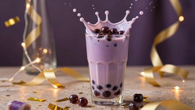 Refreshing Purple Taro Milk Tea with Black Tapioca Pearls Splashing in a Glass, Festive Celebration Setting with Gold Ribbons and Warm Fairy Lights on a Stone Surface