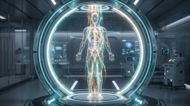 Futuristic medical body scanner ring with translucent human anatomy figure inside. Full body healing and diagnostic treatment concept in modern hospital clinic.