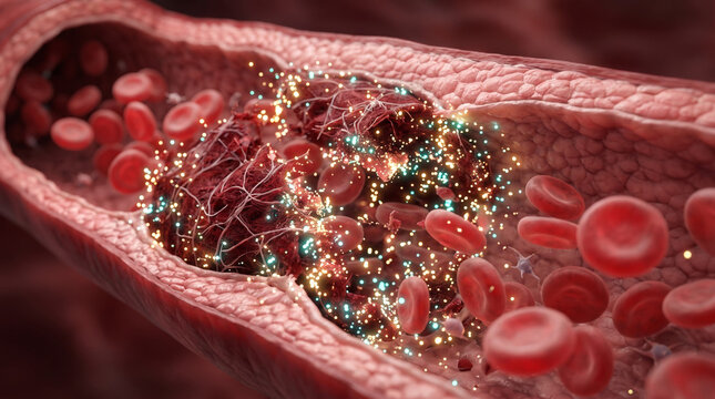Blood clot breaking apart inside vein with glowing enzyme particles restoring blood flow. Thrombosis treatment and clot dissolving therapy concept.