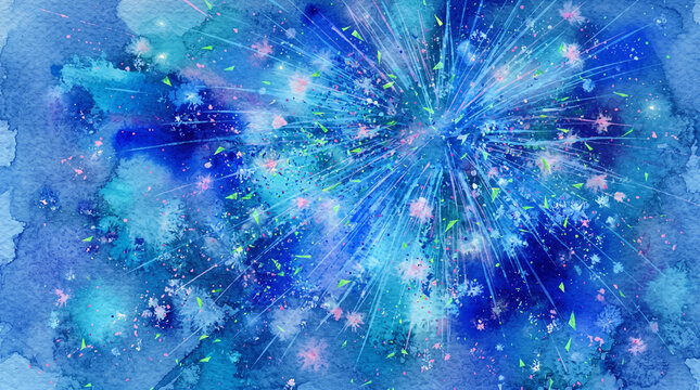 Abstract watercolor painting of a vibrant blue firework explosion with light streaks and colorful paint splatters on a textured paper background