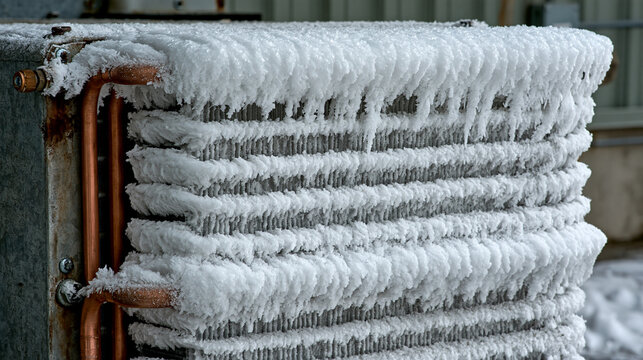 Elegant photo of Industrial HVAC condenser coil covered in heavy frost and ice during freezing winter weather. Ideal for HVAC maintenance and energy efficiency concepts.