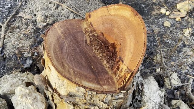 Close up of split tree stump with bright orange core