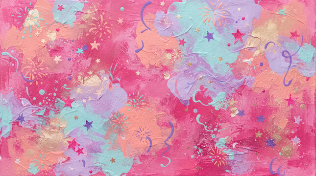 Abstract festive background with pink, purple, and blue paint textures, gold glitter, star shapes, and firework doodles for celebration design