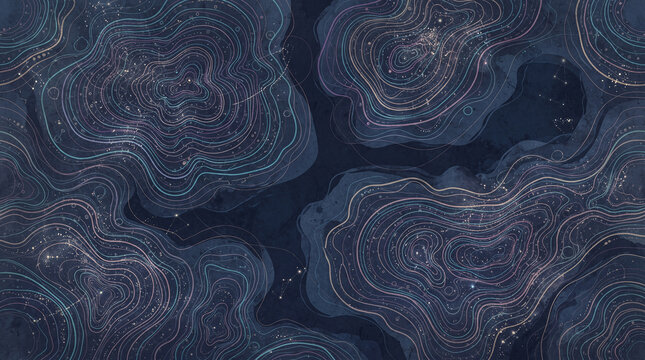 Abstract topographic map pattern with celestial star constellations and glowing lines on a dark blue textured background