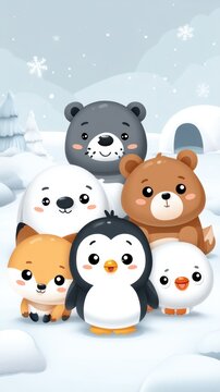 Cute Arctic Animals Gathering in Snowy Landscape