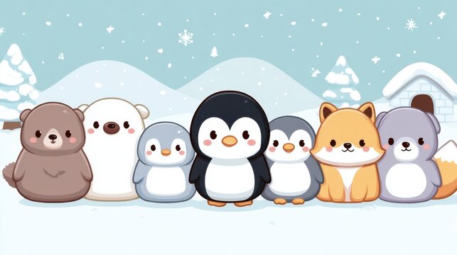 Cute Winter Animals Lined Up Against Snowy Background