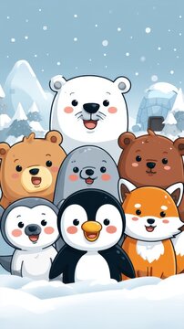 Arctic Animal Friends Gathered in Snowy Landscape