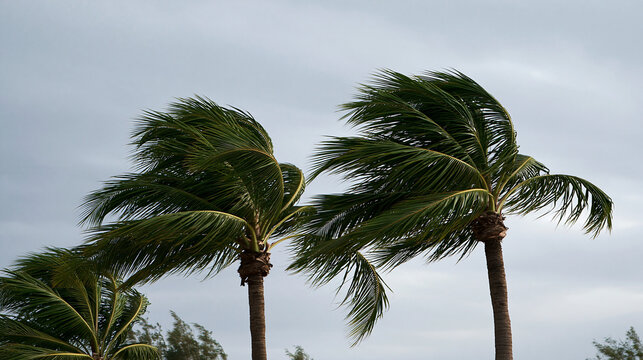 Elegant photo of Palm trees swaying violently in strong winds under a stormy gray sky. Perfect background for weather disaster news concepts.