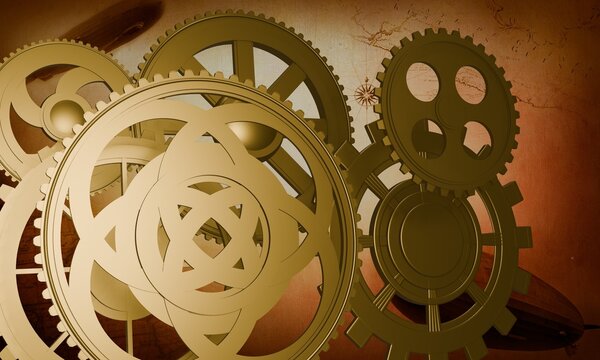 Vintage Brass Gears and Cogwheels on Grunge Beige Wall Background &ndash; Steampunk Mechanism Illustration