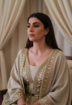 Middle eastern woman in traditional kaftan, elegance and cultural heritage concept, portrait of a lady in luxury embroidered clothing at home interior
