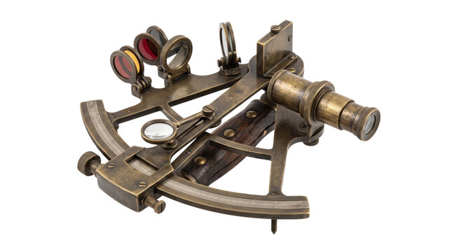 Antique brass sextant, vintage nautical navigation instrument for maritime exploration, historical sea sextant with aged patina for sailors isolated PNG with Transparent Background