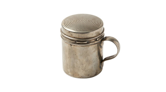 Vintage metal sugar shaker with handle, antique silver flour dredger for baking, rustic kitchen spice dispenser, weathered pewter cocoa sprinkler isolated PNG with Transparent Background