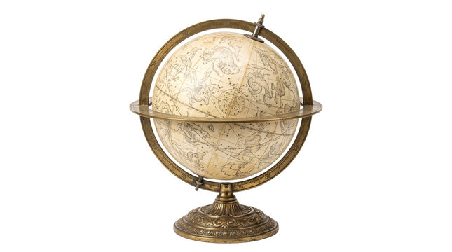 Antique celestial globe on brass stand, vintage world map sphere with ornate metal base, historical decorative globe for library or study isolated PNG with Transparent Background